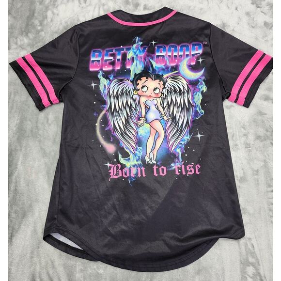 Betty Boop Top Womens L Black Graphic Baseball Jersey Born to Rise Angel Wings - Picture 4 of 10